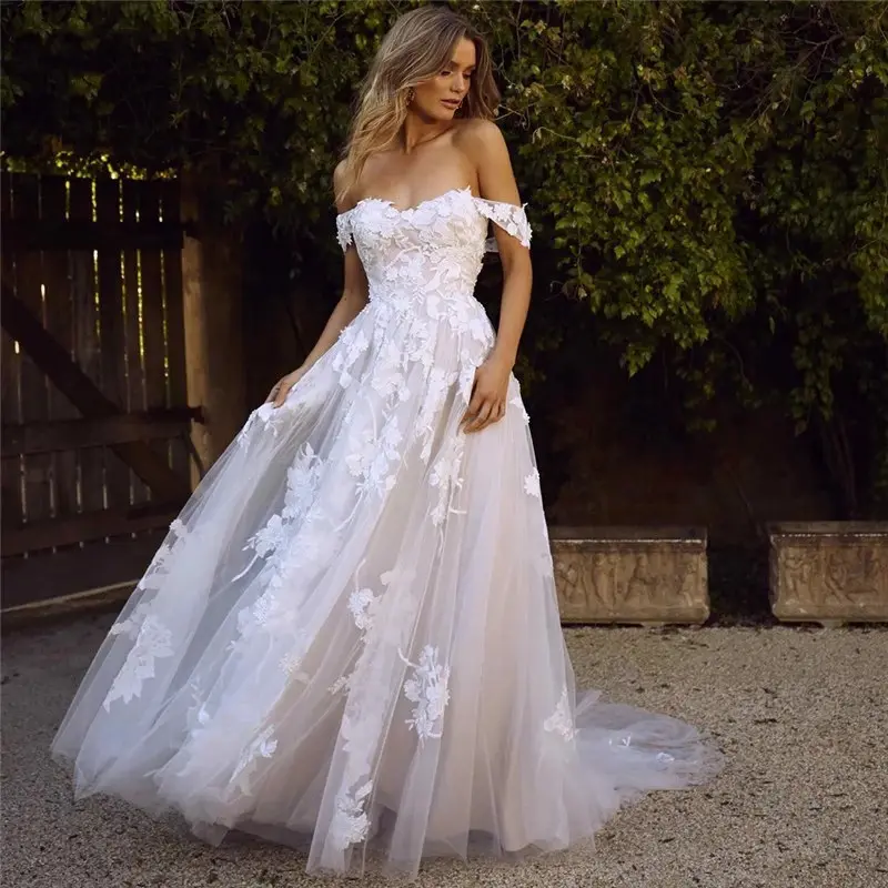 Lace applique wedding dress 2023 spring sweetheart off-the-shoulder backless princess bridal party one-shoulder wedding dress