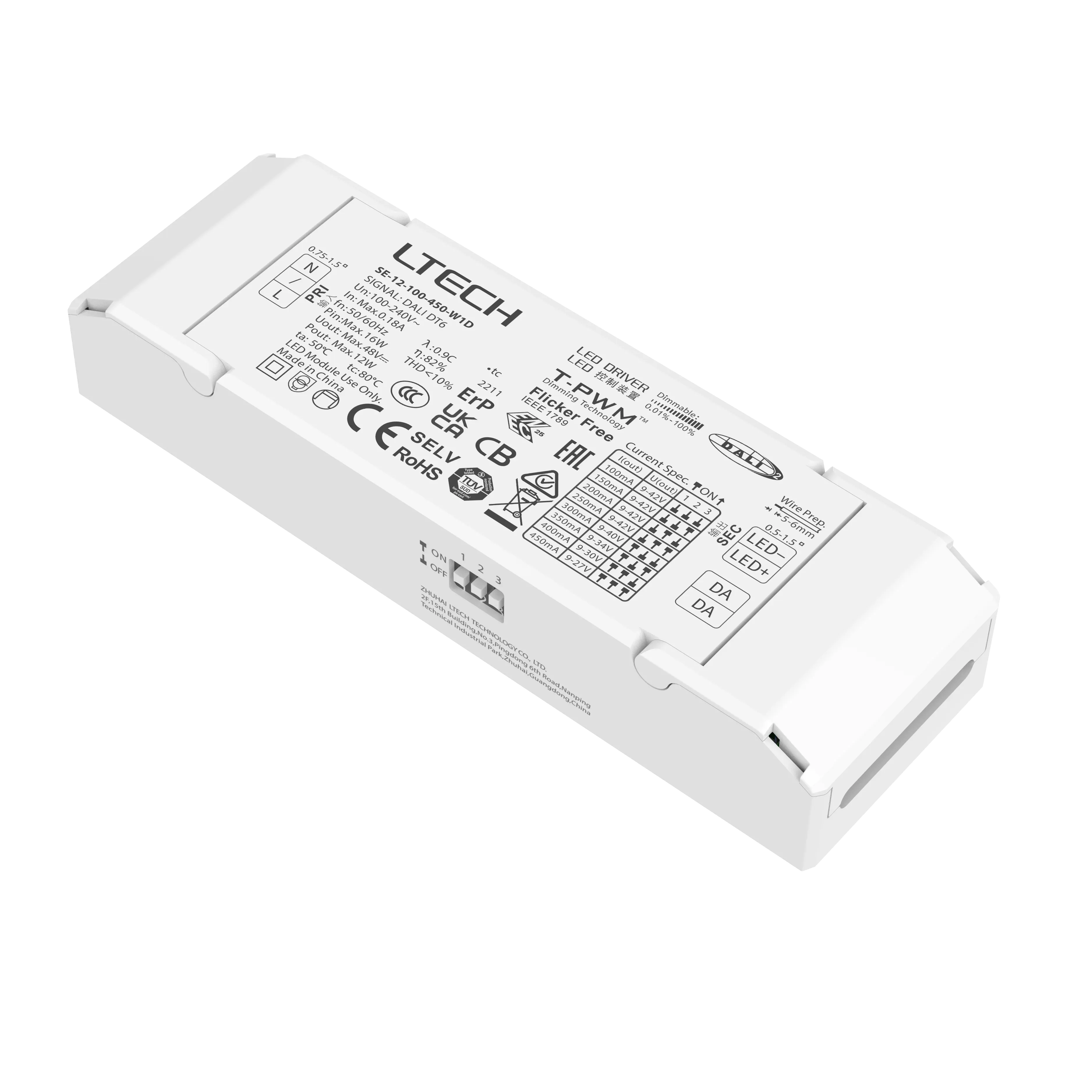 Ltech SE-12-100-450-W1D 12W DALI דרייבר לד ניתן לעמעום 100-450mA זרם קבוע ללא הבהוב דימינג LED דרייבר