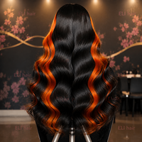 Pelucas de Cabello Humano Pre-Plucked con Ondas Corporales y Mechas, Color Negro Jengibre, 13x4 HD, Sin Pegamento, con Encaje Frontal Transparente HD