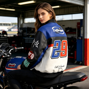 Chaqueta universitaria de motociclismo de alto gramaje al por mayor, estilo retro de carreras, con estampado de logotipo personalizado, tipo bomber, para uso diario en la calle, larga - Product Image 1