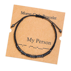 Pulsera tejida a mano para parejas, brazalete con cuentas de Piedra de hierro negra, pulsera creativa de código Morse para mujer - Product Image 4