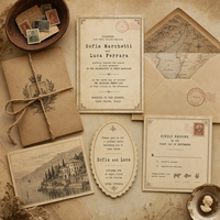 Invitation de mariage vintage avec timbre poste, style machine à écrire, carte personnalisée de voyage, et décoration artisanale