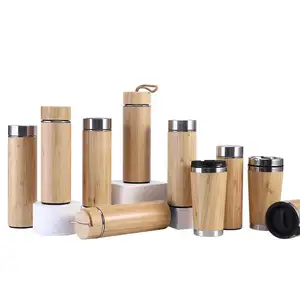 Tazza di bambù in acciaio inossidabile a doppio strato con tazza di bambù naturale in stile retrò tazza di bambù portatile all'aperto