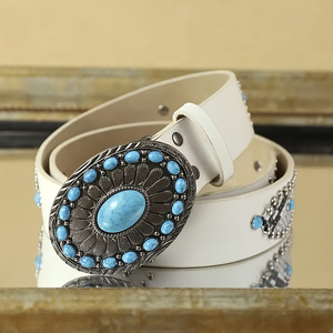 Cinturón <span class=keywords><strong>de</strong></span> <span class=keywords><strong>Cuero</strong></span> Estilo Western JULUN, Cinturón <span class=keywords><strong>con</strong></span> Tachuelas, Cinturón <span class=keywords><strong>de</strong></span> PU Blanco <span class=keywords><strong>con</strong></span> Hebilla Turquesa, Accesorio <span class=keywords><strong>de</strong></span> Moda - Product Image 5