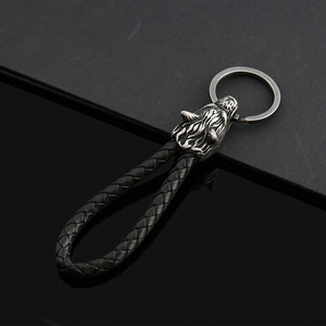Porte-clés en acier inoxydable yunnique avec tête de loup, cordon en cuir tressé rétro, accessoire pour clés de voiture - Product Image 2