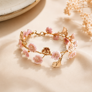Elegant Pink Floral Charm <b>Bracelet</b> for Women Gold Plated Flower Leaf Design Adjustable Fashion Jewelry Gift - Product Image 1