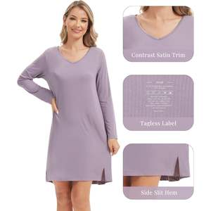 Chemise de nuit personnalisée pour femme, douce, côtelée, à manches longues, col en V, en viscose de bambou, vêtement de nuit décontracté, tailles S-XXL - Product Image 3