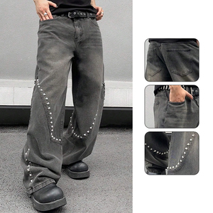 YUCE Jeans Vintage da Uomo all'Ingrosso, Modello Baggy in Denim Lavato a Sabbia, Gamba Curva, Stile Ballon con Borchie e Rivetti, Jeans Personalizzati Punk - Product Image 2