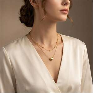 Collar <span class=keywords><strong>de</strong></span> Corazón <span class=keywords><strong>de</strong></span> Doble Capa, Chapado en Oro <span class=keywords><strong>de</strong></span> 18K, Acero Inoxidable, con Cuentas Delicadas y Colgante Apilado, Joyería para Mujer, Regalo - Product Image 5
