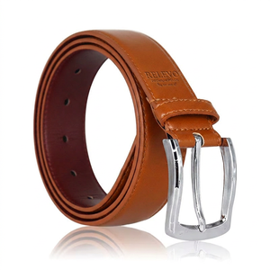 Cinturón de Cuero Vacuno Formal con Hebilla Rectangular Plateada, Color Sólido, Duradero, para Hombre - Product Image 1
