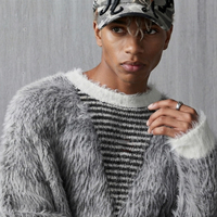 Herren Atmungsaktiver Pullover Rundhals Übergroßer Schnitt Gestreiftes Muster Warmer Mohair-Strick Rückenlogo Herbst Winter