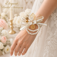 Corsage de poignet en métal Double Bonheur avec perles et ruban de satin, fleur de main pour mariée, demoiselle d'honneur, mariage, banquet, fête prénuptiale, décoration