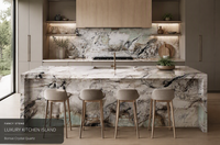 Dalle de quartz cristallin FANCY STONE Bonsai 1,8 cm, polie, rétroéclairée, pierre naturelle pour îlot de cuisine de luxe, mur décoratif et décoration de bar