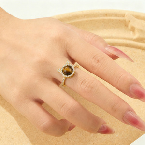 <b>Cat</b> Shaped Opening <b>Ring</b> With Tiger Eye And Zircon Inlay For Unisex Jewelry Gift - Product Image 2