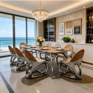 Set di Sedie e <span class=keywords><strong>Tavolo</strong></span> da Pranzo Moderno e Lussuoso in Fibra di Vetro, Sedie con Piano in Vetro Dorato Rotondo o Rettangolare per Matrimoni ed Eventi - Product Image 5