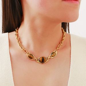 Collar de acero inoxidable con colgante de ojo de tigre, chapado en oro de 18k, diseño geométrico para mujer, joyería de fiesta. - Product Image 2