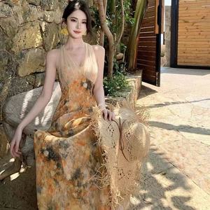 Yellow Halter Dress Tie Dye Print Beach Gown Slim Fit Polyester Summer Vacation Wear - Product Image 5