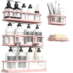 <b>Pink</b> Bathroom Storage Rack Set 6 Piece Wall Mounted Multi Purpose Dustproof No <b>Drilling</b> Easy Cleaning Rectangle Shape - Product Image 5