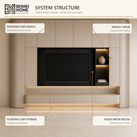 Meuble TV moderne de luxe léger en bois massif, unité murale TV arrondie avec centre de rangement multimédia gris champagne pour villa OEM
