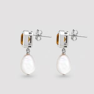 Citrine 925 Sterling <b>Silver</b> Earring - Emerald-Cut <b>Stud</b> with Baroque Pearl Drop - Product Image 4
