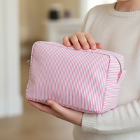 Sac à cosmétiques à rayures personnalisé avec fermeture éclair, sac à cosmétiques rayé en polyester pour voyage, sacs et étuis à maquillage avec fermeture éclair