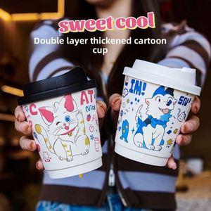 Gobelet en papier jetable à double paroi épaissi, motif chat mignon, pour boissons chaudes/froides, café, lait, thé, usage commercial et bureautique - Product Image 2