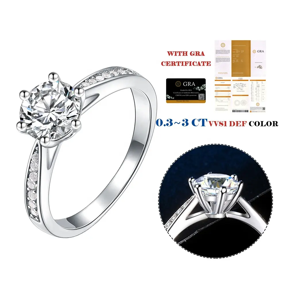 Factory 1ct 2ct 3ct white color Moissanite Gemtones VVS Engagement Wedding Diamond Ring Moissanite Low Price