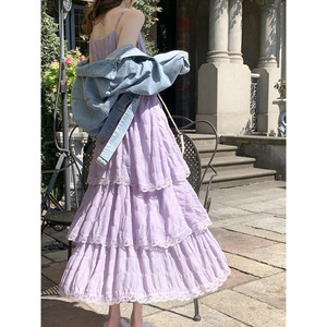 French Style Purple Lace Maxi Dress One Shoulder Breathable Summer Beach Cover Up For Vacation Leisure - Product Image 3