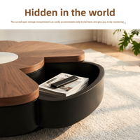 Table basse en forme de pétale, style médiéval, finition grain de noyer, plateau pivotant, rangement dissimulé, fabriquée au Guangdong, idéale pour les petits espaces, très populaire sur internet