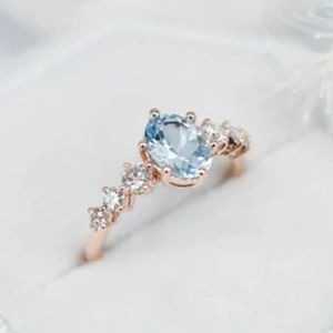 Bague de fiançailles délicate et fantastique en argent sterling S925 plaqué or rose, avec oxyde de zirconium rond et ovale, et aquamarine bleue, style grappe, bagues fines - Product Image 5
