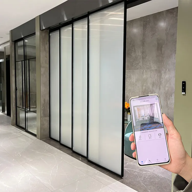 Sistema de puerta corredera de vidrio automático comercial marco de aluminio sin marco Sensor de vidrio inteligente puerta automática de levitación magnética