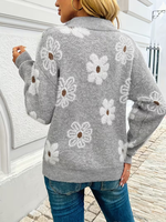 Pull en maille fleuri respirant pour femme avec col roulé zippé et broderie marguerite – Haut décontracté et confortable pour le printemps