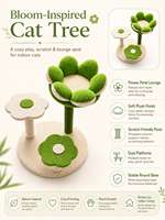 Arbre à chat multi-niveaux en forme de fleur, robuste et écologique, avec poteaux à gratter en sisal et structure en velours, emballage en carton