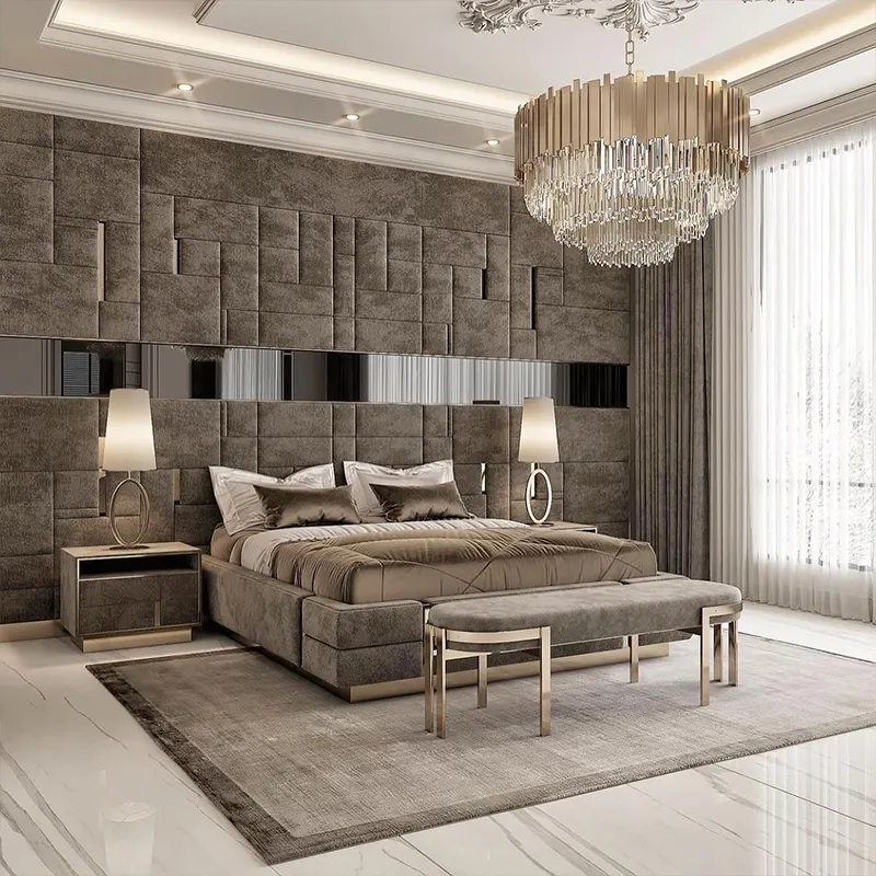 イタリアのハイボックスベッド高級マスターベッドルーム家具セットハイエンドキングベッド、大きなヘッドボード収納ベッド付き