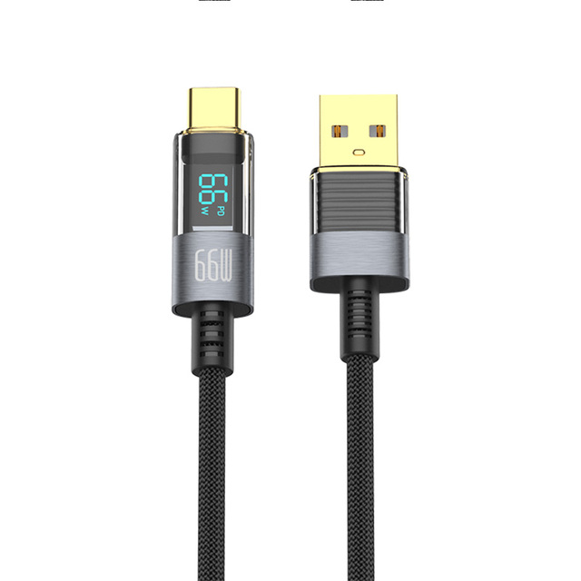 USB C 66W LED Digital Display Nylon Braided Cable 5V PD Fast Charging USB Type C for Mobile Phone & Camera USB Charging Rope