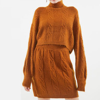 Ensemble assorti confortable en tricot torsadé pour femme : pull court à col montant et manches longues, mini-jupe en tricot, tenue pour tous les jours