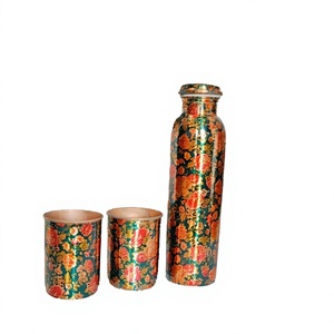Flower Pattern <b>Metal</b> <b>Water</b> <b>Bottle</b> and Two Matching Cups Set Floral Design Drinkware - Product Image 2