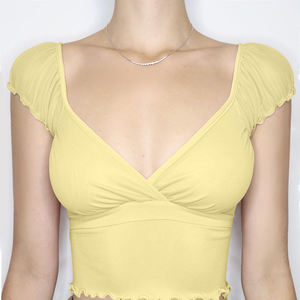 Camiseta Corta de Verano para Mujer con Manga Abullonada y Cuello en V, Ajuste Delgado, Color Sólido, Estilo Americano Sexy - Product Image 6