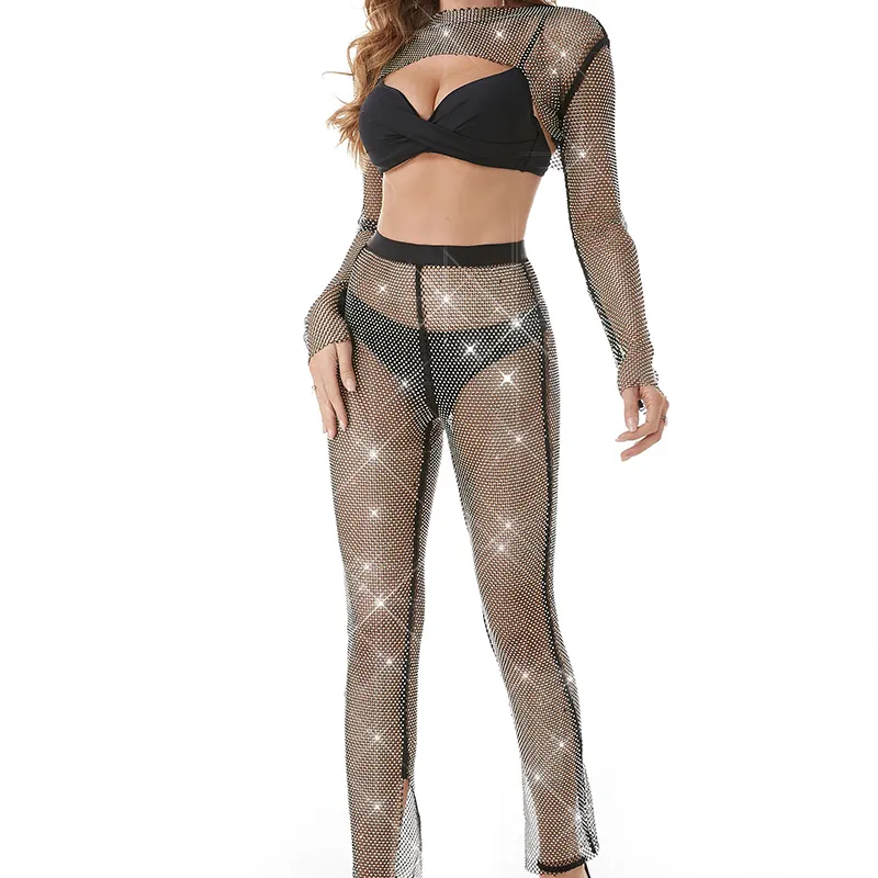 Women's Sexy Hot Drilling Hollow Out 2 Pieces Outfits crystal rhinestones See Through Crop Tops and Long Pants