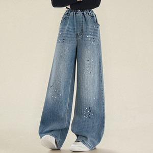 Pantalones <span class=keywords><strong>Vaqueros</strong></span> de Mezclilla para Niñas, con Cuentas y Estampado, Mezcla de Algodón y Poliéster, Transpirables, Color Personalizado, Pierna Recta, Pierna Ancha, Casuales, Elegantes para Salir - Product Image 6