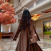 Robe de soirée élégante de luxe Eid Dubai Kaftan, manches évasées, ensemble Abaya en satin pour femmes musulmanes avec ceinture en diamants