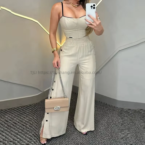 New Arrival Women's <b>Sexy</b> Casual Solid Spaghetti Strap Top with Elastic Waist Wide-Leg Pants 2-Piece <b>Set</b> Spring/Summer Fashion - Product Image 1