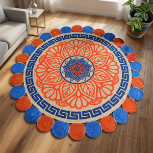 <b>Round</b> Bohemian Medallion Jute Area Rug Handcrafted Flat Weave Non-Slip Rubber Backing Living Room Floor <b>Mat</b> - Product Image 2