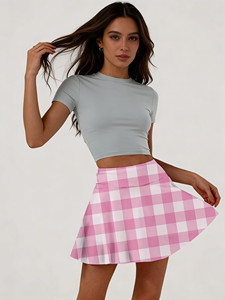 Falda de Tenis Ligera, Suave y Elástica, de Punto, con Estampado de Cuadros Rosa, Hasta la Rodilla, para Golf y Uso Diario - Product Image 1