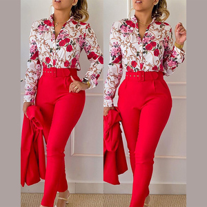Completo Casual da <span class=keywords><strong>Donna</strong></span> in Due Pezzi <span class=keywords><strong>Stile</strong></span> Dolce, Camicia a Maniche Lunghe in Poliestere Traspirante ed Ecologico con Stampa, Top per Uso Quotidiano - Product Image 2