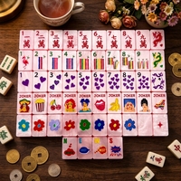Jeu de Mahjong Américain de Luxe Personnalisé Rose Nacré, Tuiles de Mahjong en Résine avec Motifs Joker Illustrés Style Pop Art Rétro et Motifs Cœur pour le Jeu