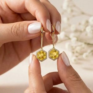 Yellow Lemon Quartz Gemstone <b>Earrings</b> with Cubic Zirconia Hexagon Drop Accent Faceted Natural Stone <b>Fine</b> <b>Earrings</b> Minimalist - Product Image 6