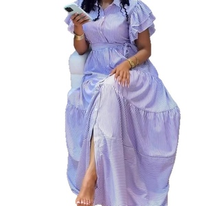 Vestidos africanos a rayas de manga corta, holgados, de longitud media y con abertura, para mujeres de talla grande. - Product Image 6