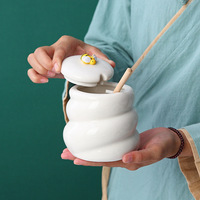 Pot en céramique émaillée pour miel avec cuillère, style rétro, écologique, pour la cuisine et les cadeaux promotionnels