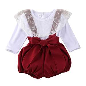 2020 New Spring Girls Outfit Long Sleeve <strong>Lace</strong> Tops + Red Straps <strong>Shorts</strong> 2pcs <strong>Kids</strong> Clothing Set - Product Image 1
